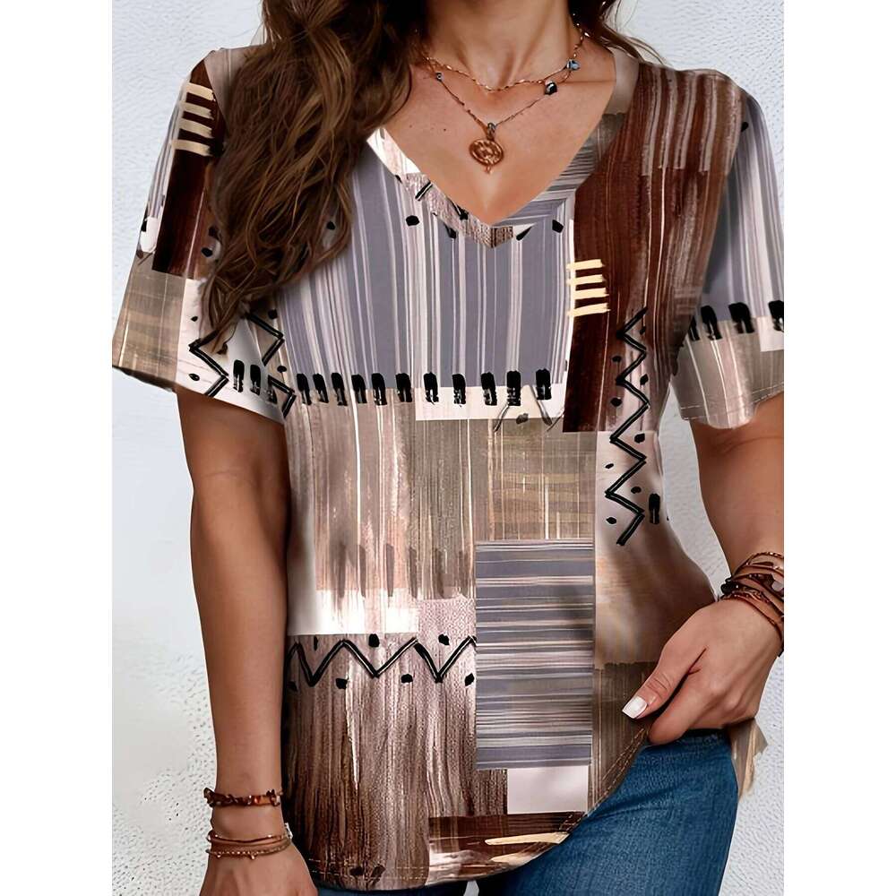 Women Elegant Simple V-Neck Short Sleeve 3D Floral Print Top Summer Casual Ladies T-Shirt Vintage Pullover Tops