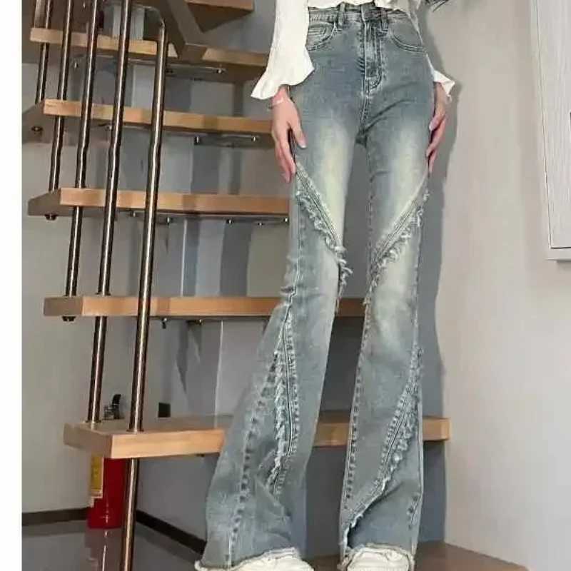 Quality Jeans for Spring and Autumn High Waist Slimming Design Raw Edge Design for Women Patchwork Washed Denim Y2k Flared Jeans R250716