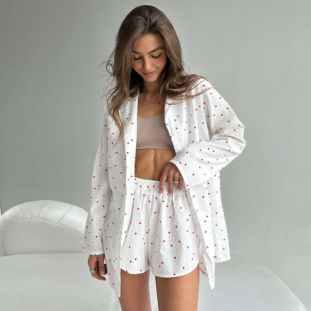 Heart Print Spring Summer New Women's Printed Long Sleeve Shorts Pajama Two-Piece Set B5