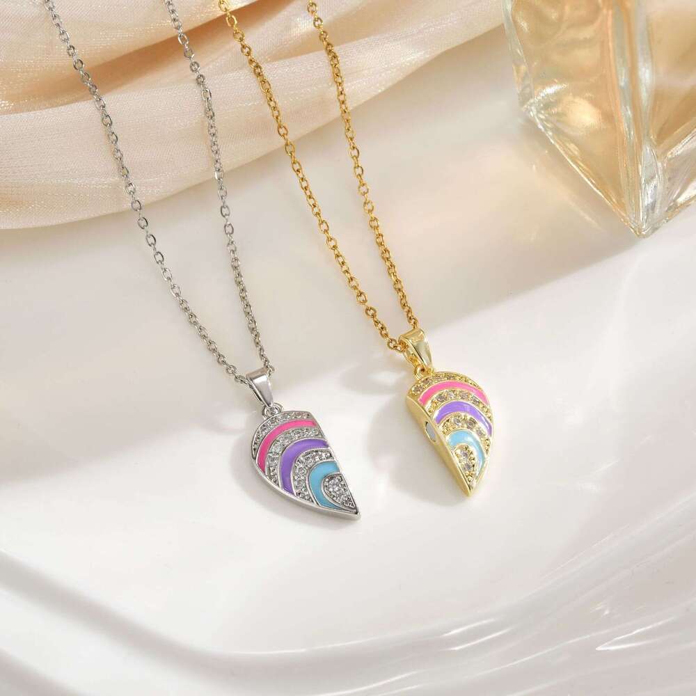 New Copper Gold-Plated Good Friends Cartoon Rainbow Heart Magnetic Creative Necklace, Connectable Clavicle Chain C79