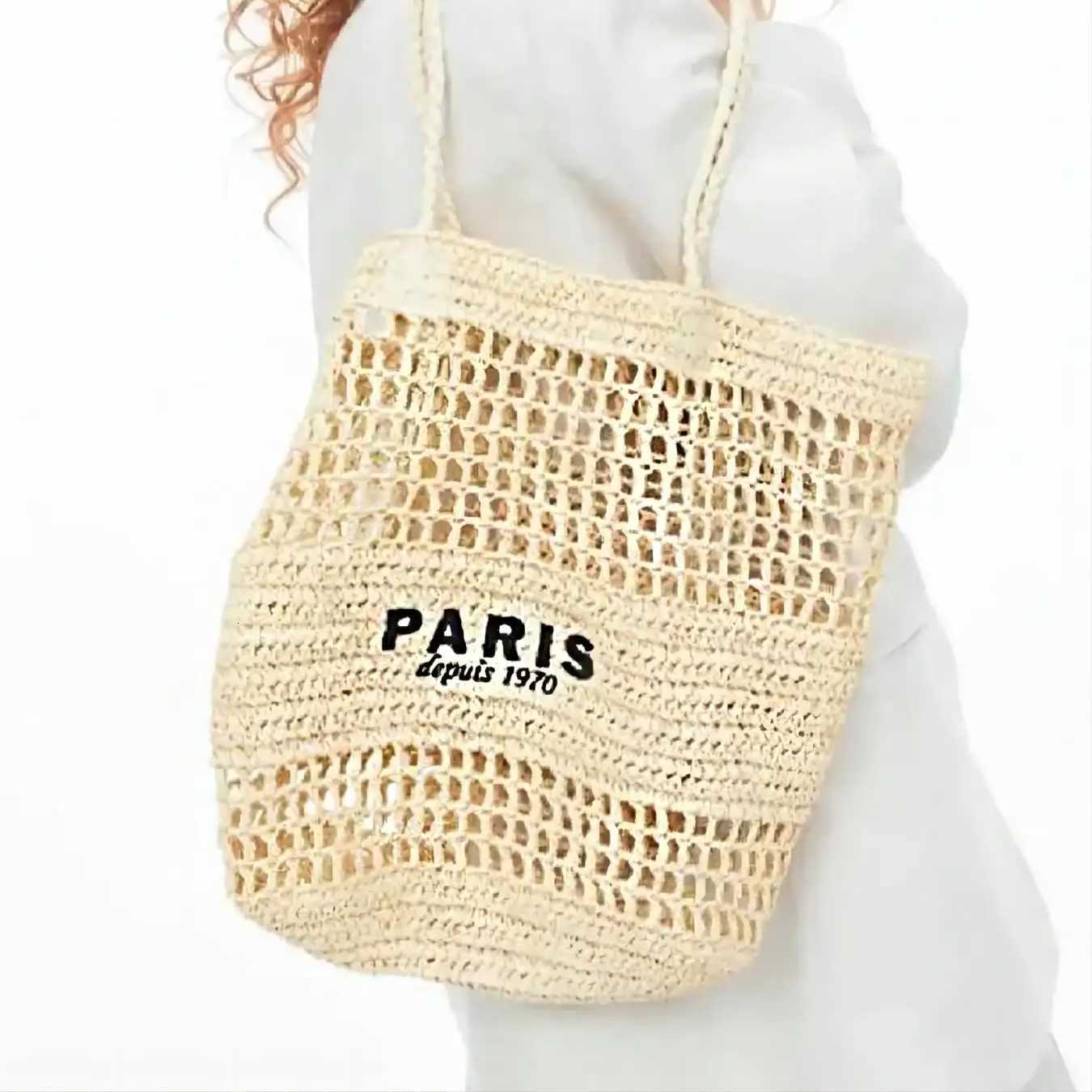 Womens Letter Hollow Straw Handbag Large Capacity Handwoven Shoulder Bag Z250717