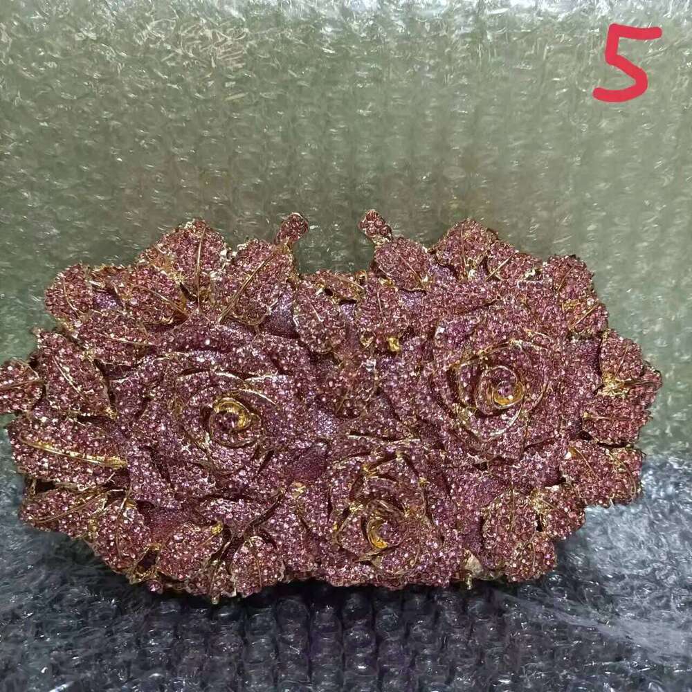 Pink Blooming Rose Woman Crystal Wedding Bridal Clutches Purses Formal Dinner Banquet Dia Handbags Party Evening Bags