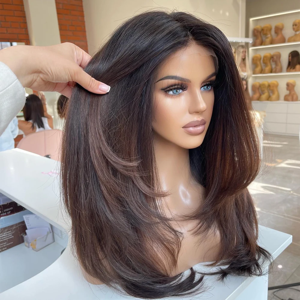 Layered Dark Brown Colored Wig Highlight 360 Full Lace Wigs Human Hair Lace Front Wigs Brazilian Hair For Women Natural Hairline