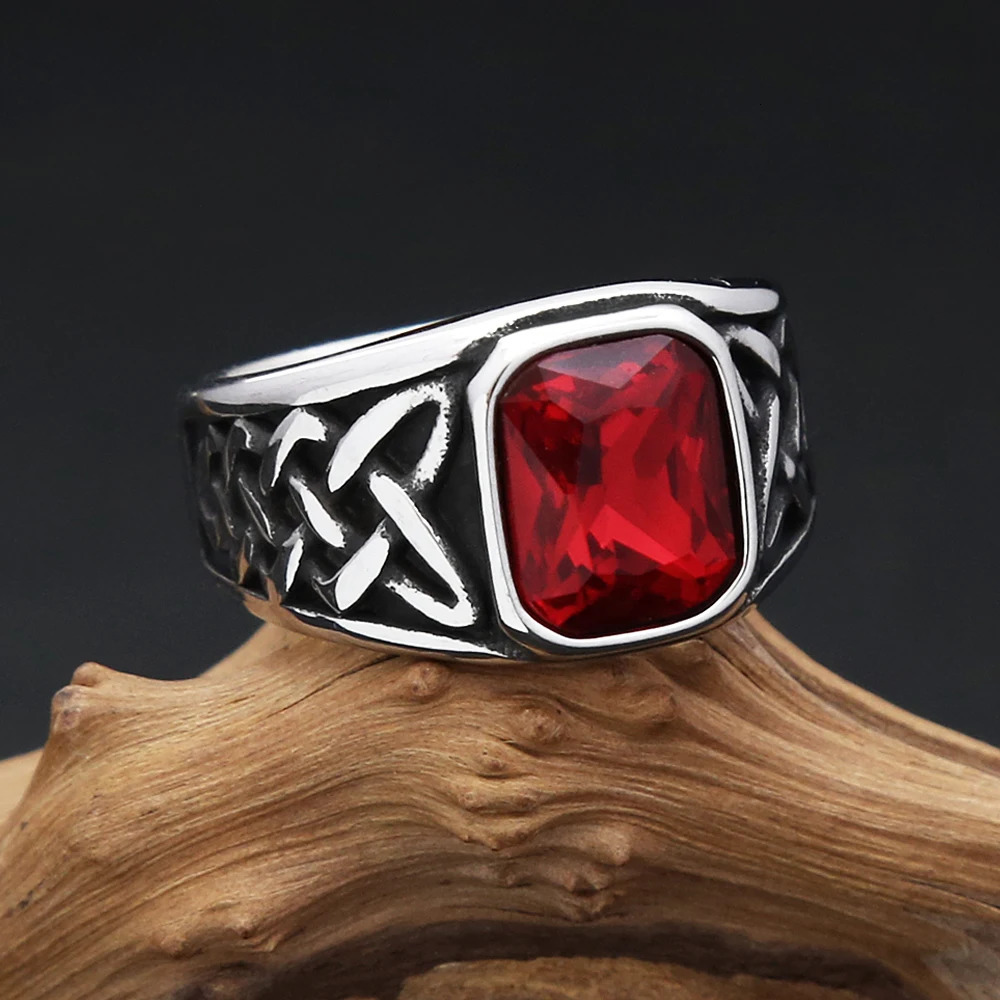 Punk Vintage Square Red Stone Signet Rings For Men Women Stainless Steel Nordic Vikings Knot Rune Ring Fashion Jewelry Wholesale 250716