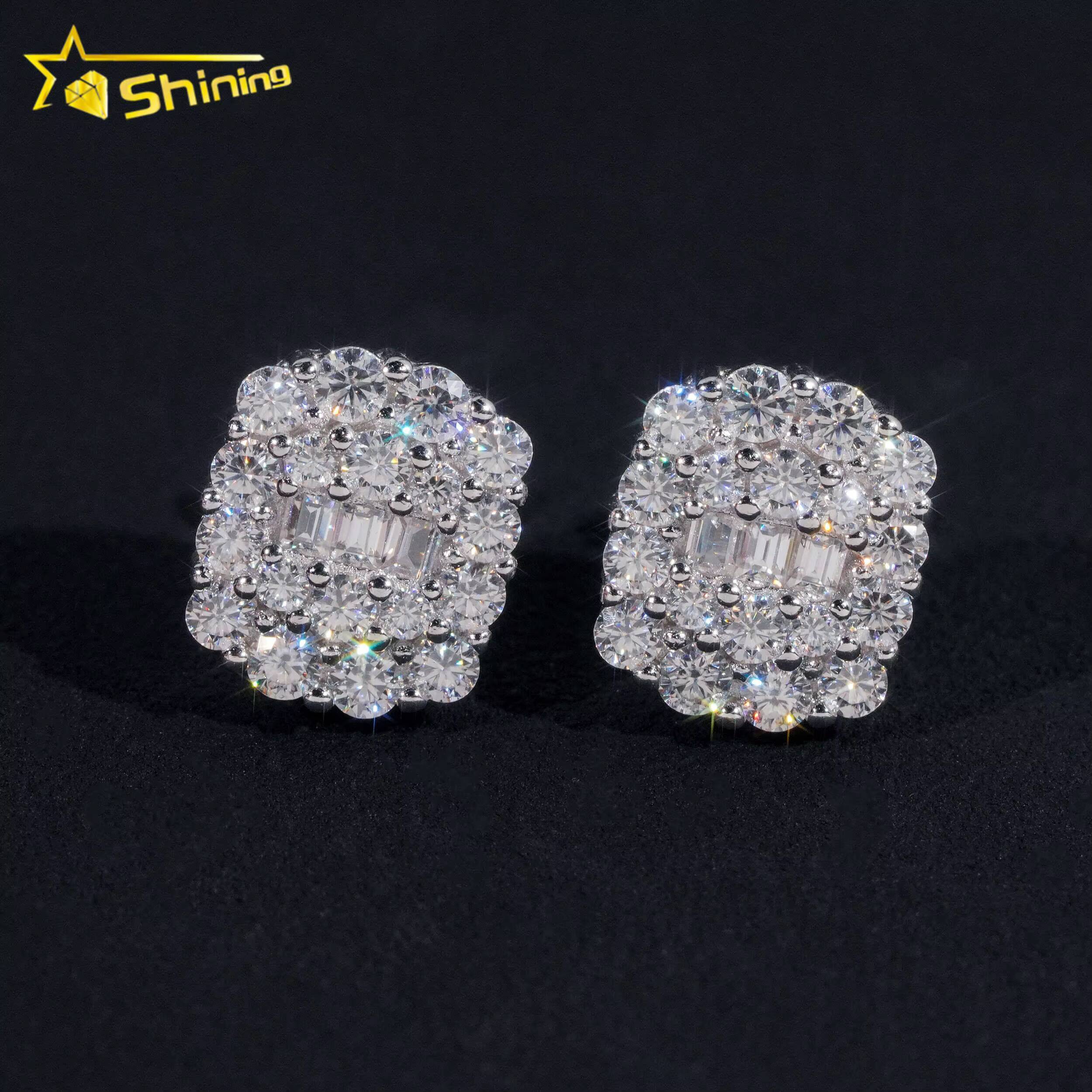Promotion Price Pass Diamond Tester GRA Certified Fully Iced Out Hip Hop 925 Silver Jewelry Baguette Moissanite Stud Earrings