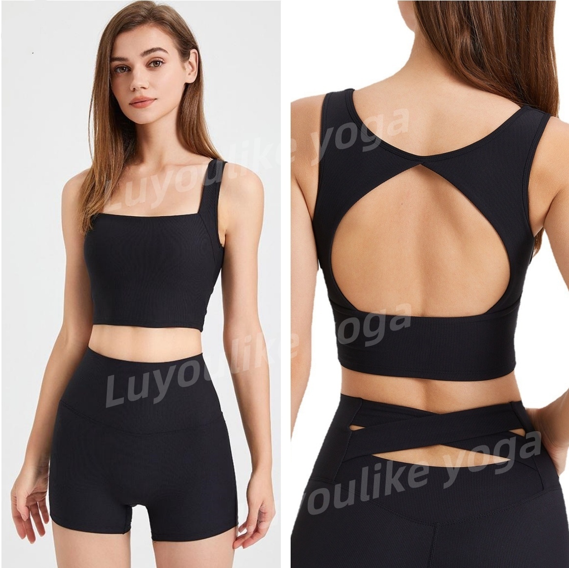 O200 Yoga Soft Top High Waist Shorts Fixed Cup Bra Tank Women Sports Underwear with Beauty Back and Seamless Yoga Shorts