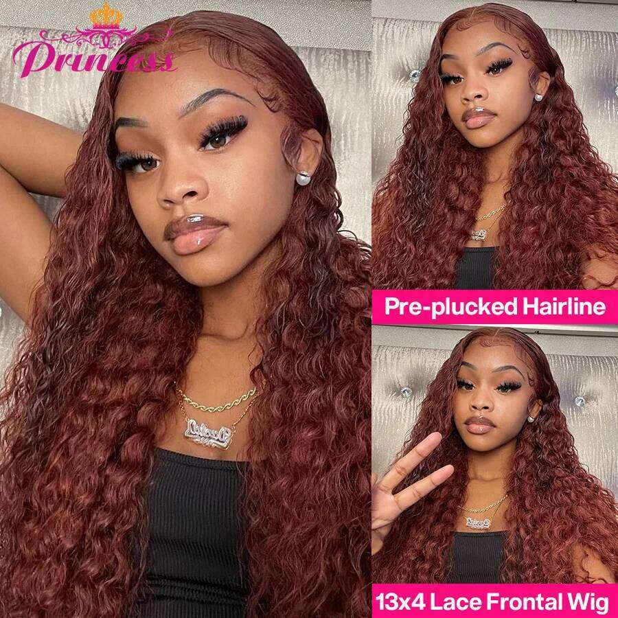 Princess 34 Inch Reddish Brown 13x6 HD Frontal Wig Colored Deep Wave 13x4 Lace Front Human Hair Wigs