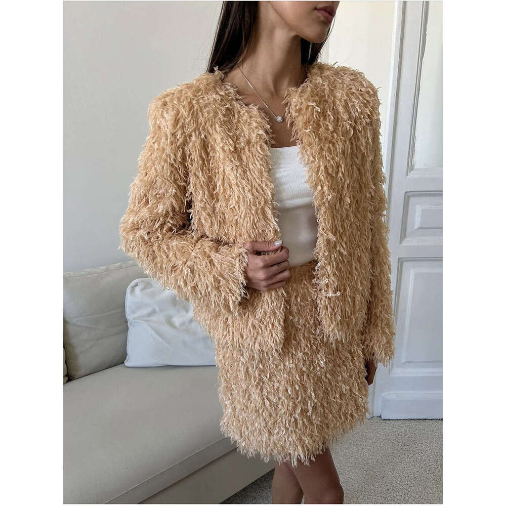 Autumn Winter Tassel Coat Set For Women Elegant Short Top + Skirt New Year B5