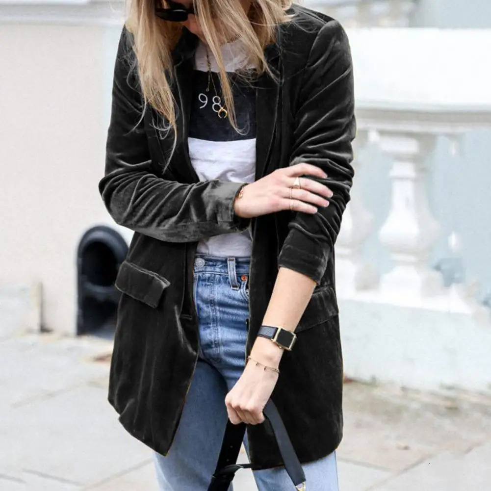 Velvet Women Office Lady Long Sleeve Double breasted Mid length Casual Coat Ladies Outerwear Stylish Relaxed Fit Blazer 250715
