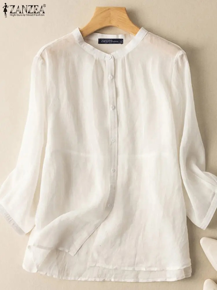 ZANZEA 2025 Spring Summer Blouses Casual Women Shirts Solid Color 34 Sleeve Buttons Cotton Linen Blusas Solid Top Casual Tunic 250715
