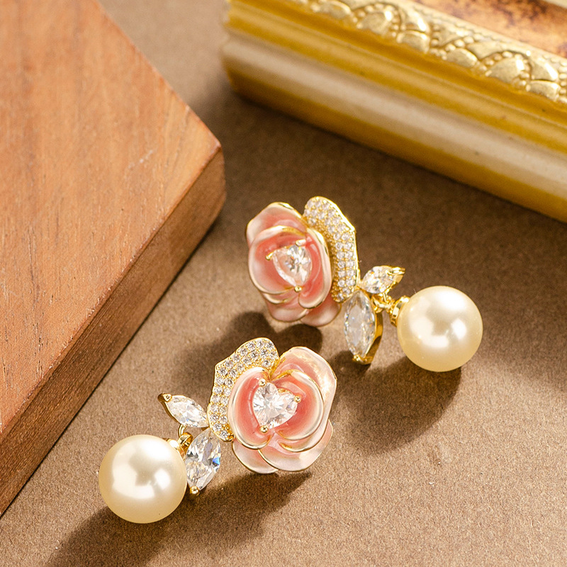 S Sier Needle French Elegant Temperament Glazed Camellia Zircon Pearl Earrings High-end Fashion Versatile Ear Jewelry