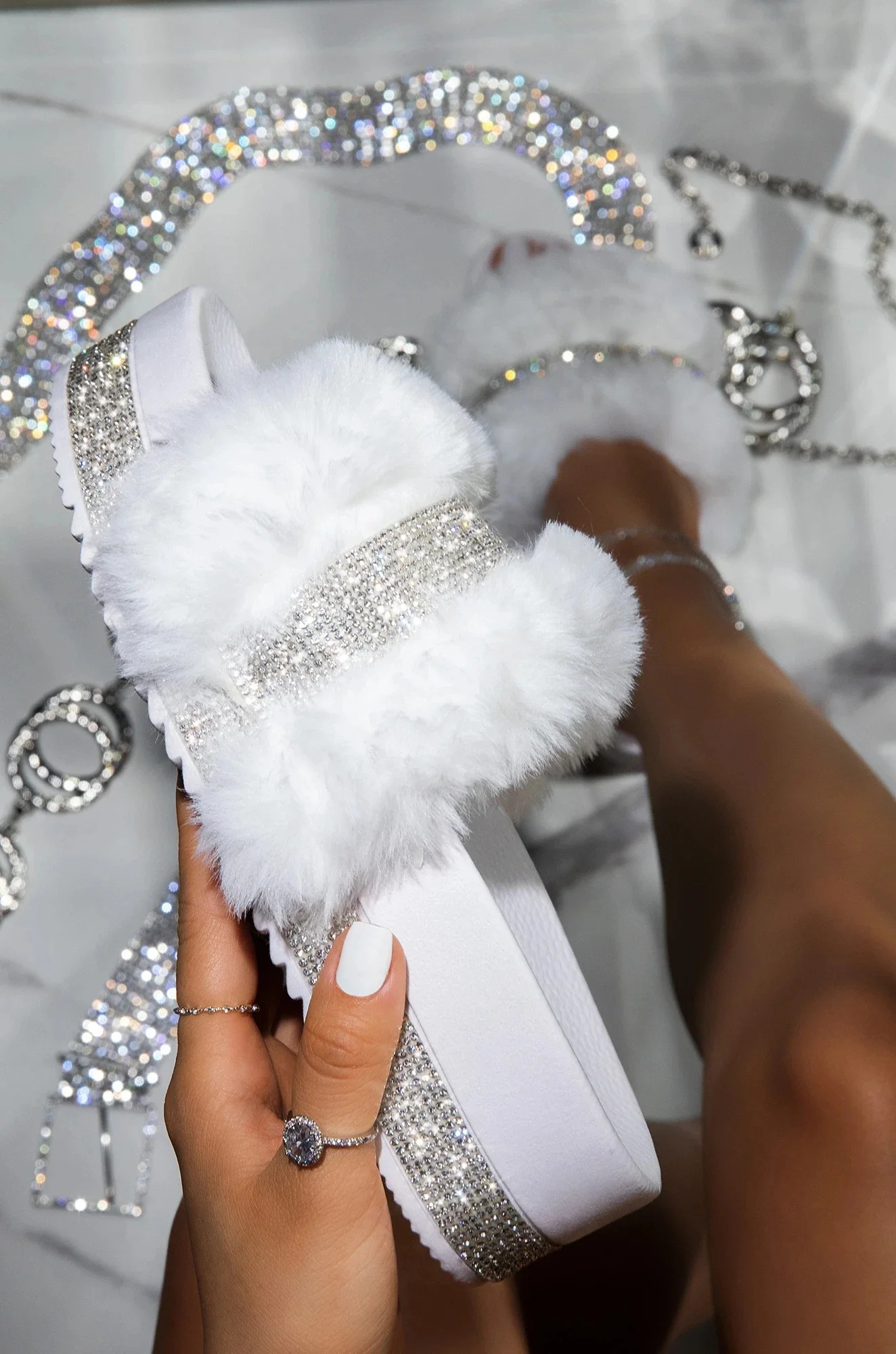 Women Fur Rhinestone Slippers Platform Wedges Without Heel Fluffy Furry Slides Flat Flip Flops Shoes Ladies Shiny Bling 250716
