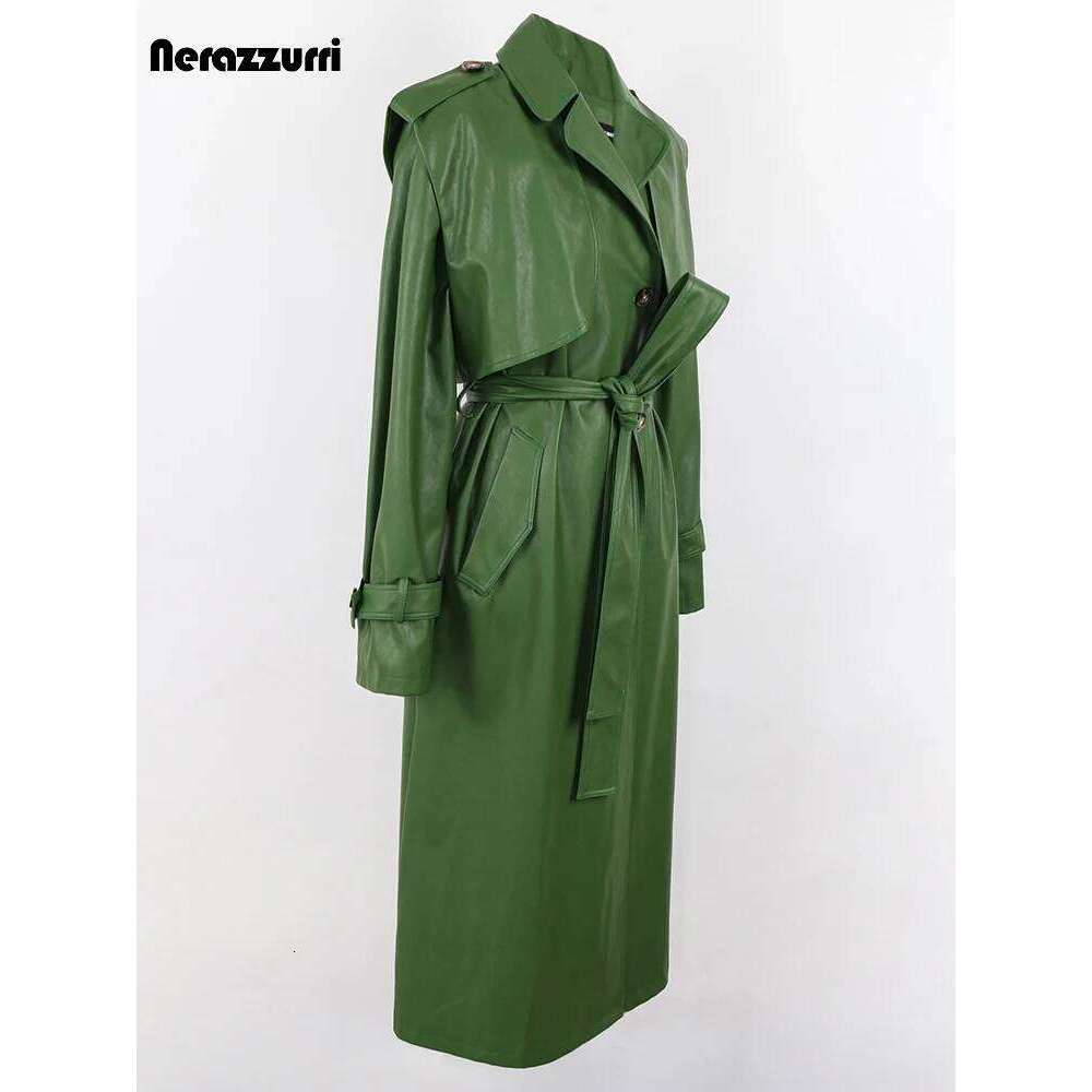 Nerazzurri Autumn Long Cool Green Pu Leather Trench Coat For Women Sashes Single Breasted Stylish Designer Clothes 2022