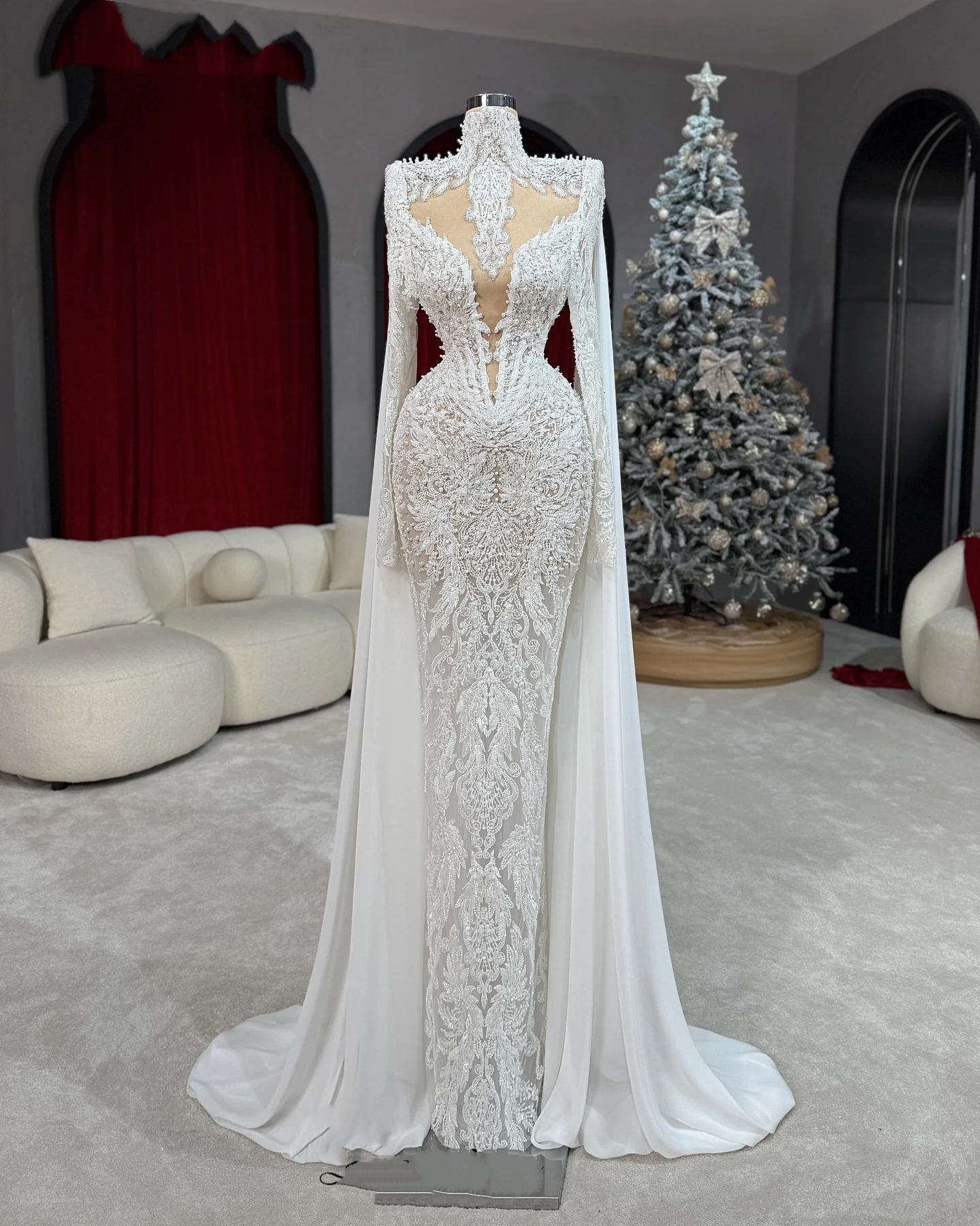 Vintage Mermaid Wedding Dress High Neck Long Sleeves Bridal Gowns Pearls Beaded Lace Detachable Train Dresses Custom Made vestidos de novia