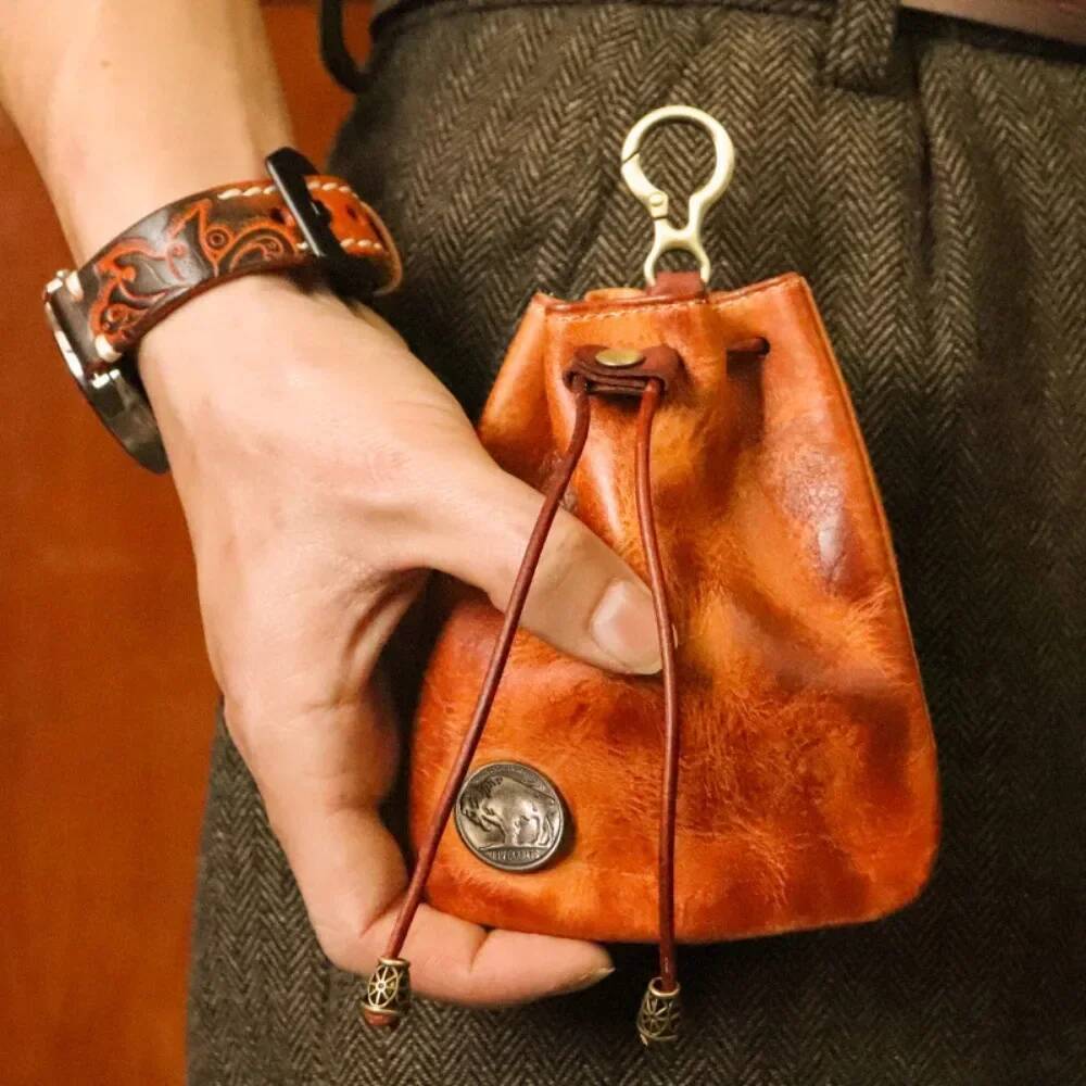 Retro Genuine Leather Bag Drawstring Wallets Fashion Women Men Housekeeper Card Key Holders Mini Purse Coin Pouch
