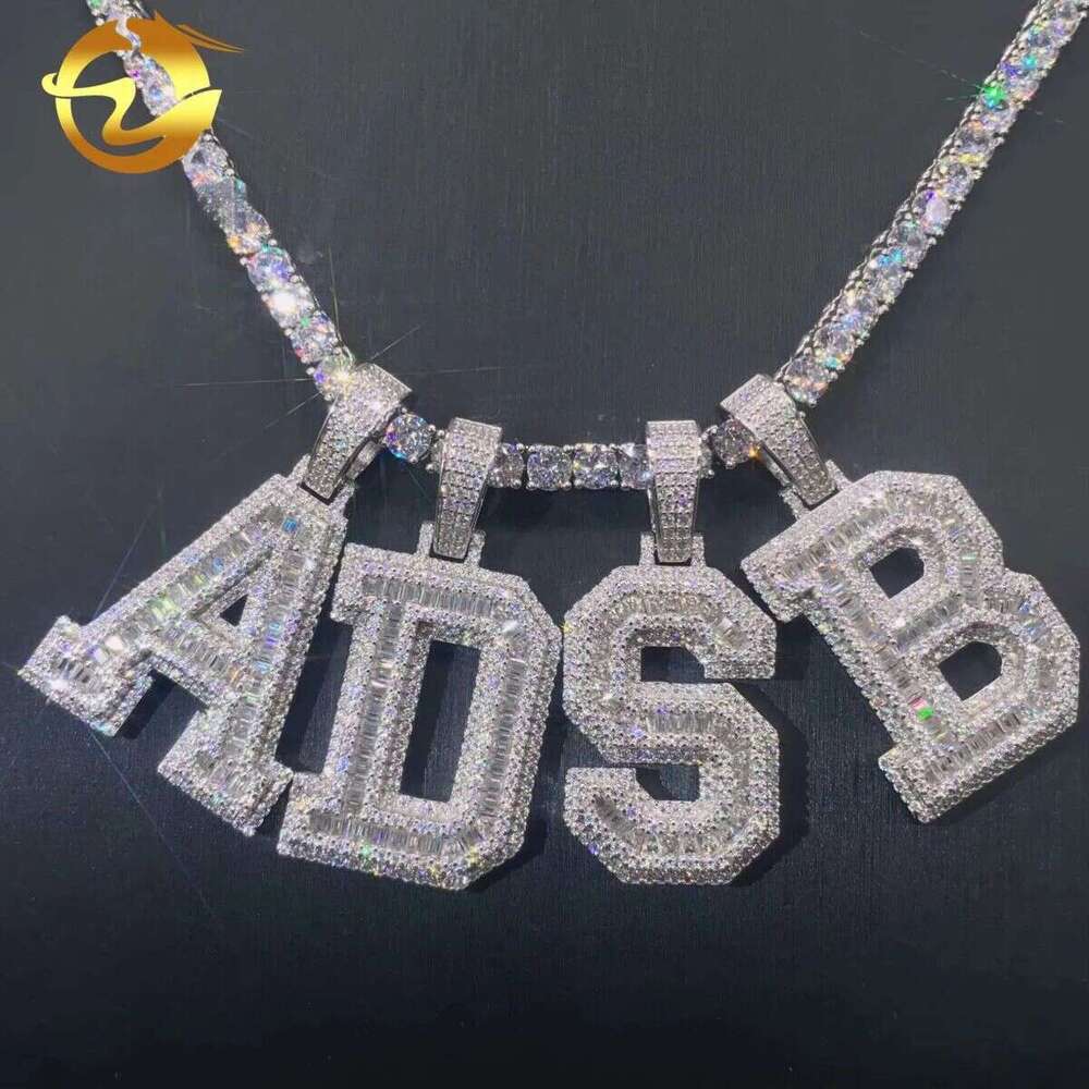 Jewelry Vvs Dia Iced Out Hip Hop Gold Plated baguette Moissanite Letter Pendant Necklace