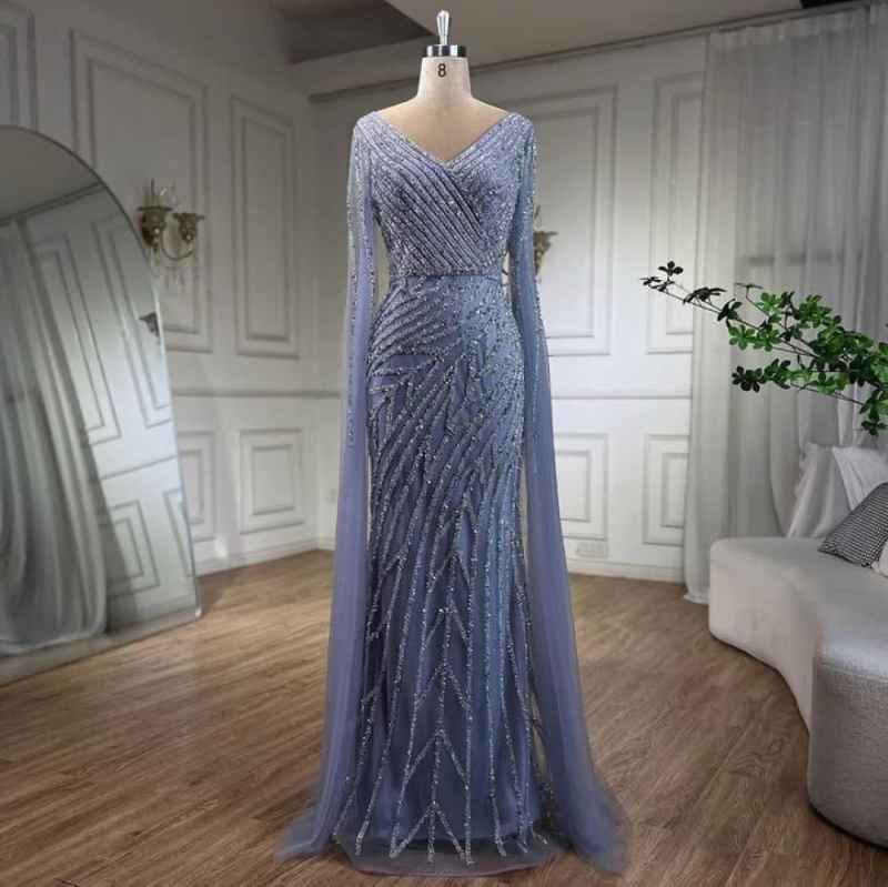 Elegant Mermaid Evening Dress V Neck Long Sleeve Beaded Sequins Prom Gowns With Tulle Floor Length Formal Dresses Customized