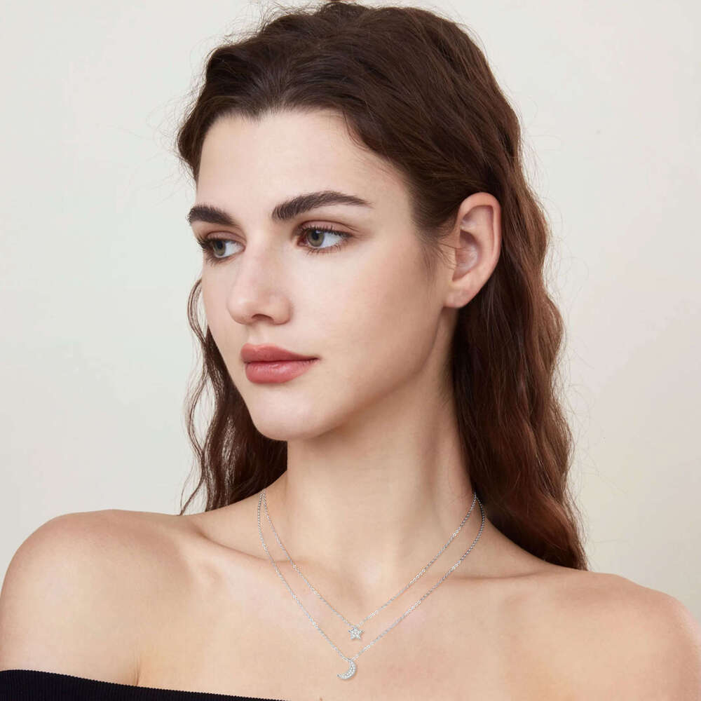 Moissanite Double Layer Star Moon Necklace For Women, Ins Style, Niche Minimalist, Korean And Japanese Trendy, Elegant Pure Sier Collarbone Chain 8F7