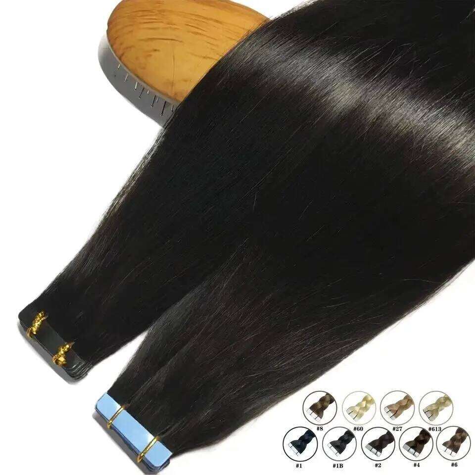 Tape In 100% Real Remy Brazilian Human Hair Straight Extensions Skin Weft Adhesive Glue On Salon Quality For Woman