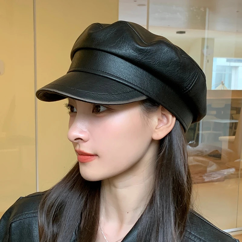 Womens Casual Military Cap PU Leather Flat Octagonal Captain Trucker Hat Vintage Artistic Painter Hip Hop Style 250716