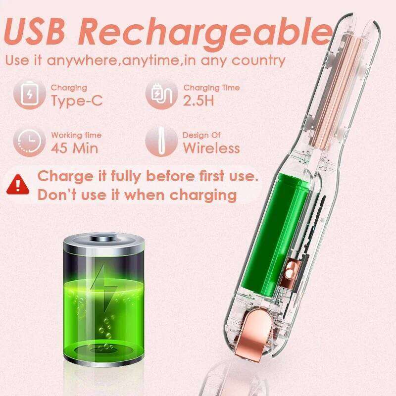 NOVUS Cordless and Curler 2 in 1 USB Mini Ceramic Fast Heating Portable Hair Straightener for New Year Gift