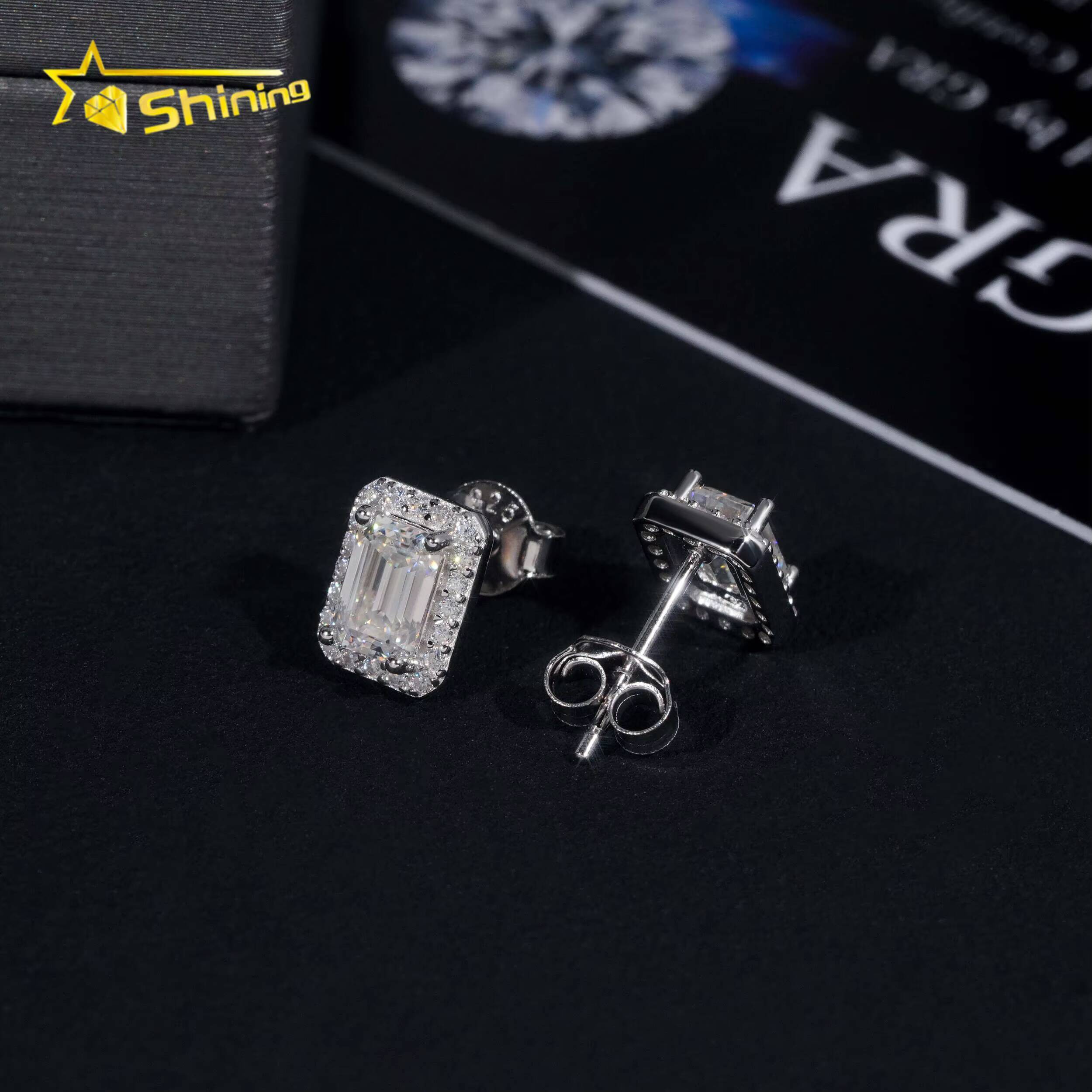Emerald Cut Halo Earring Hip Hop Jewelry Iced Out VVS Diamond Moissanite White Gold Plated 925 Sterling Silver Stud Earrings
