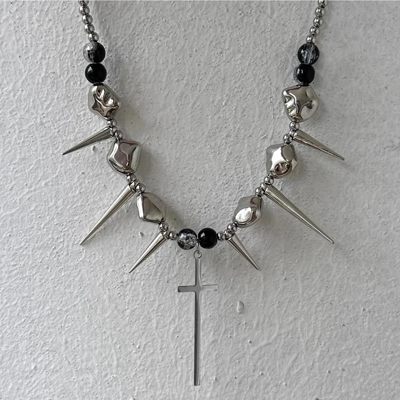 Retro Y2K Long Spike Rivet Necklace Stainless Steel Cross Hip Hop Necklace for Women Vintage Grunge Style Party Jewelry 250716
