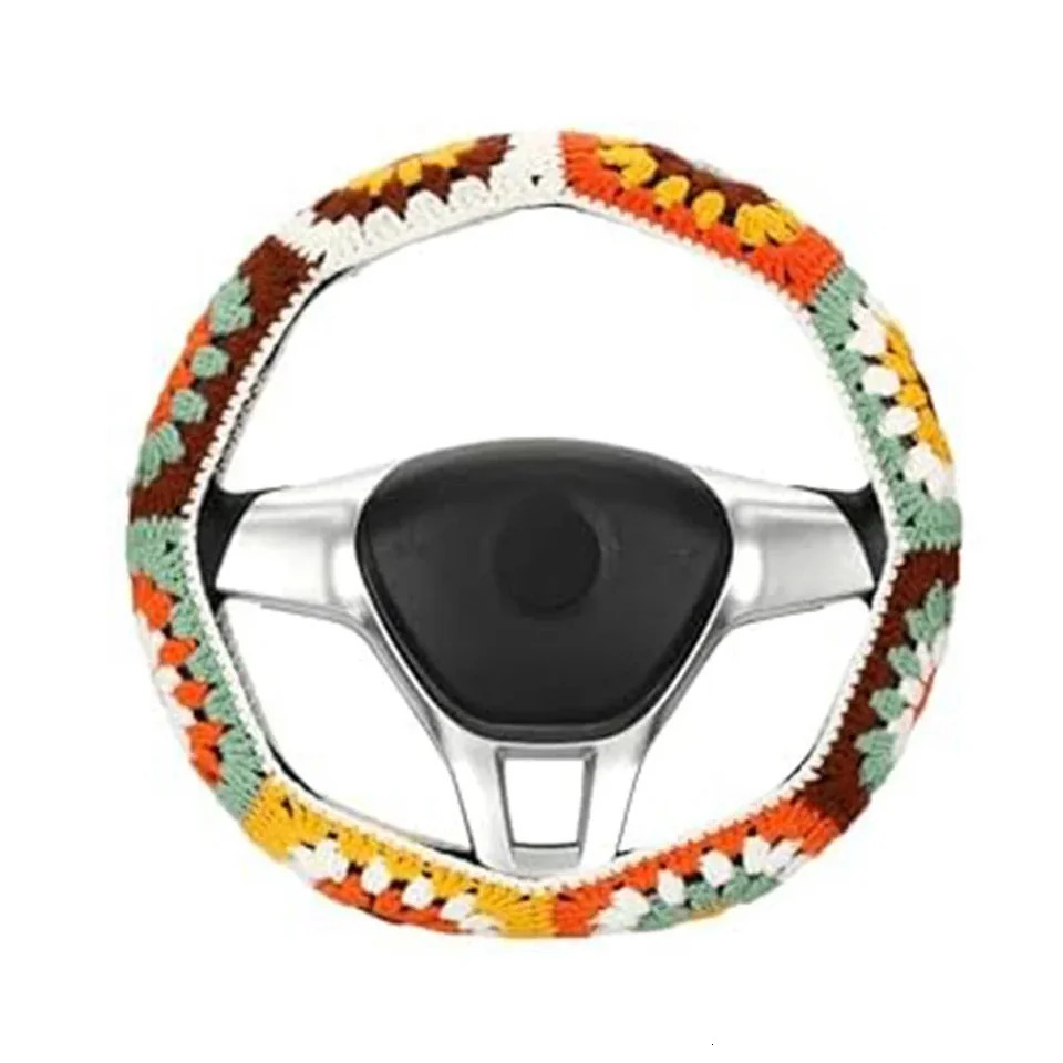 14-15 Inch Crochet Sunflower Steering Wheel Cover Set Knitted Sunflower Orange Brown Small Flower Style Steering Wheel Cover 250715