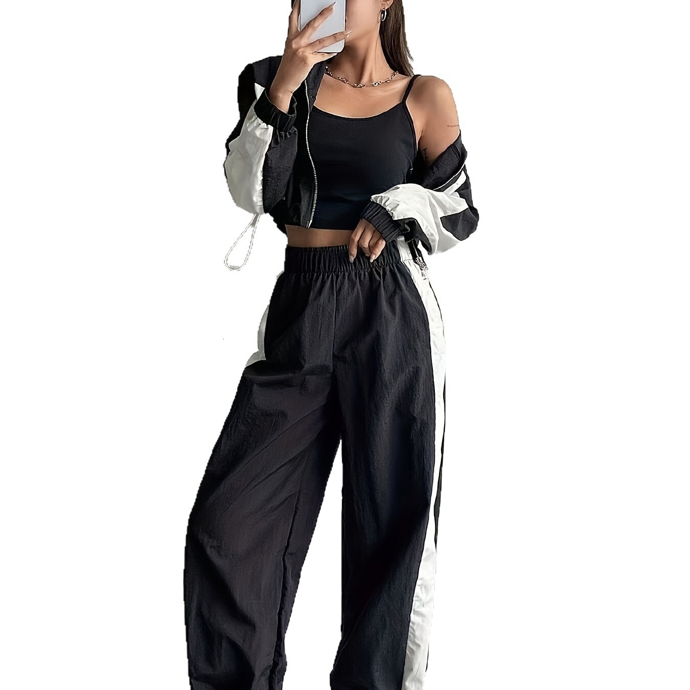 Women's Spring Autumn New Black and White Contrast Color Elastic Drawstring Fashion Casual Sports Suit