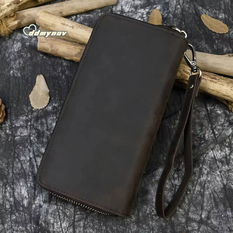 Retro Crazy Horse for Men Clutch Purse Double Zipper 24 Cards Clutches Vintage Woman Genuine Leather Long Wallet ddmynov
