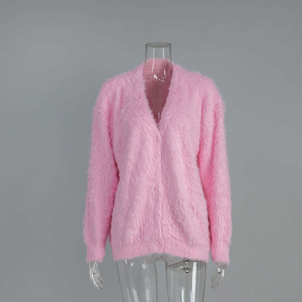 Faux Mink Knit Cardigan Autumn Winter Lazy Loose Long Sleeve V-Neck Sweater Coat For Women B5