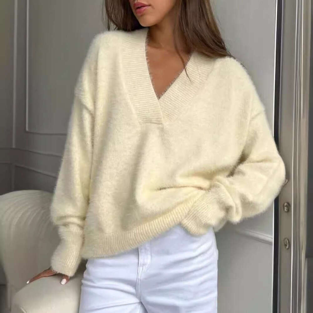Autumn Winter Super Soft V-Neck Imitation Mink Women, Lazy Style, Elegant Loose Knitted Sweater For Women B5