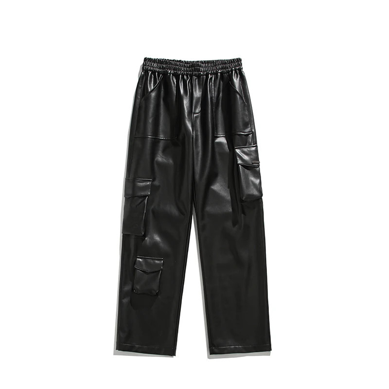 Autumn Mens Pu Leather Pants Wide Leg Cargo Trousers Motorcycle Streetwear MultiPockets Elastic Waist Black Joggers MXXL 250704