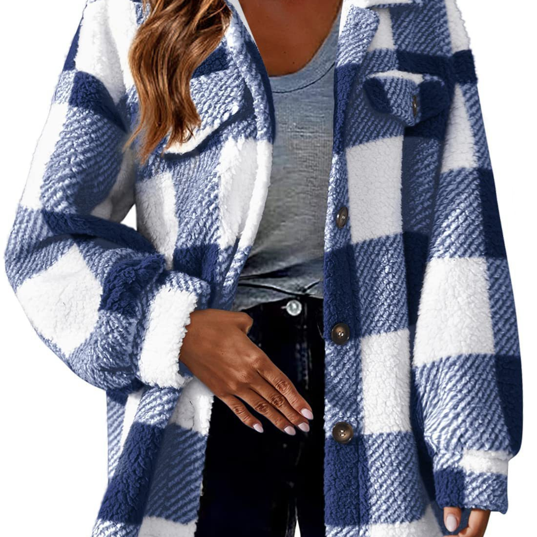 hot Free shipping designer coat for women Fashionable pocket plaid minimalist jacket with button down plush jacket