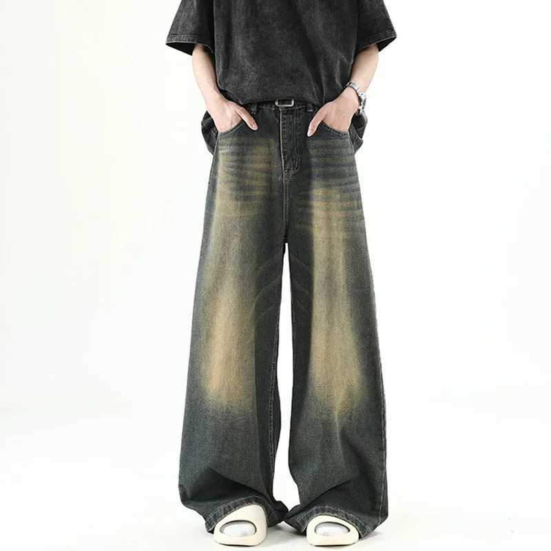 New Fashion Korean Vintage High Street Denim Men Denim Pants Washed Mens Jeans Straight Casual Mens Wear Loose Wide Leg Trousers R250716