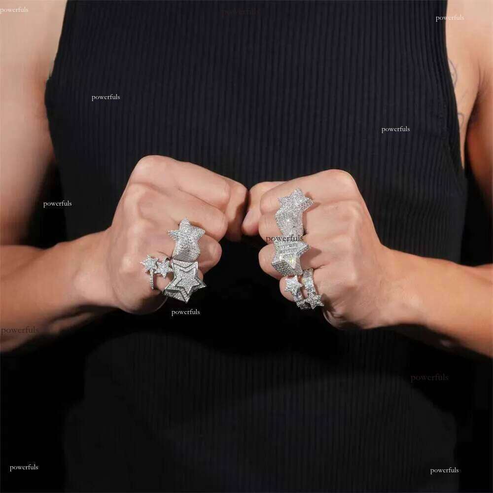 Hot Sale Instock Iced Out Star Moissanite Rings Sier Hip Hop Pass Dia Tester Fashion Men Cuban Ring
