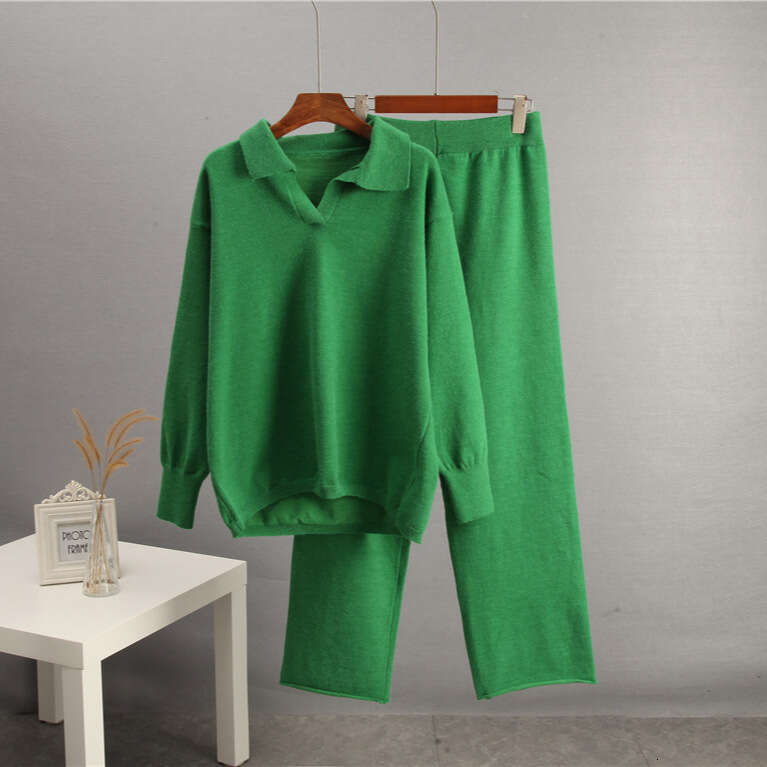 Autumn Winter Solid Color Lapel Women's Loose Knitted Polo Collar Sweater Wide Leg Pants Two Piece Set B5