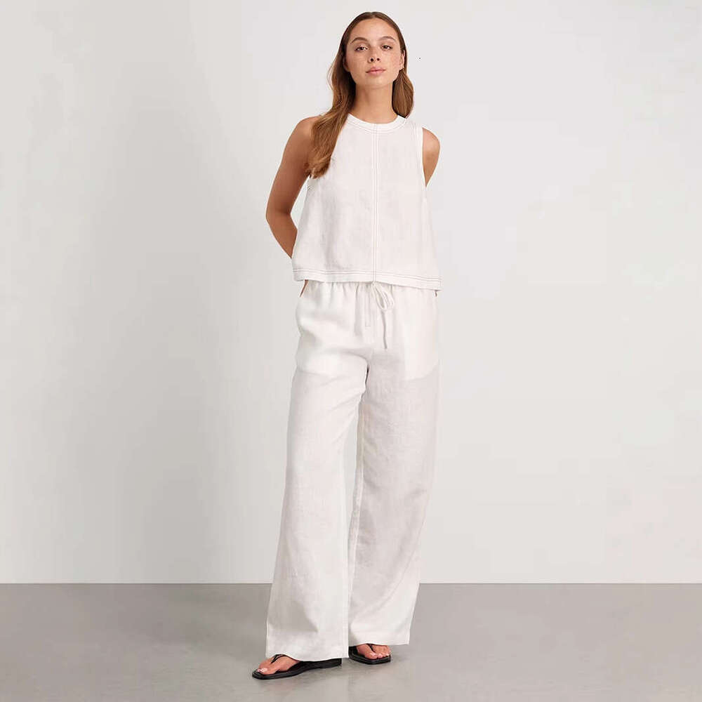Cotton Linen And Spring Summer New Wide-Leg Pants Sleeveless Vest Casual Set For Women B5