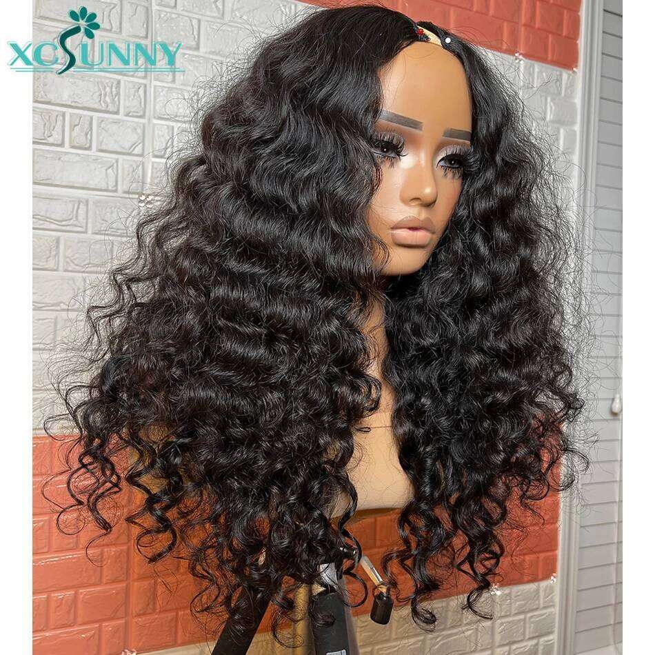 Water Wave V 180 Density Brazilian Upgrade U Part Human Hair Vpart Curly Wig Wear With Your Own Hairline