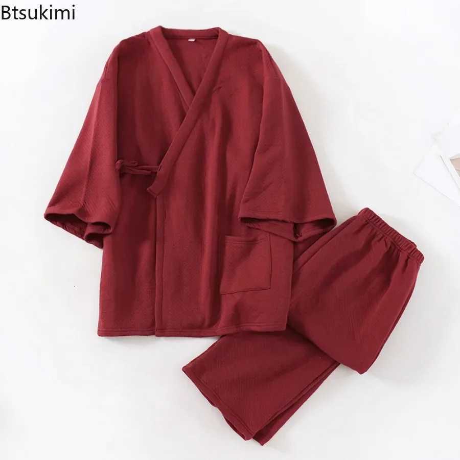 Mens Autumn Winter Pajama Sets Japanese Style Kimono Sleepwear Two-Piece 100% Cotton Air Layer Thick Warm Home Clothes Suit W250717