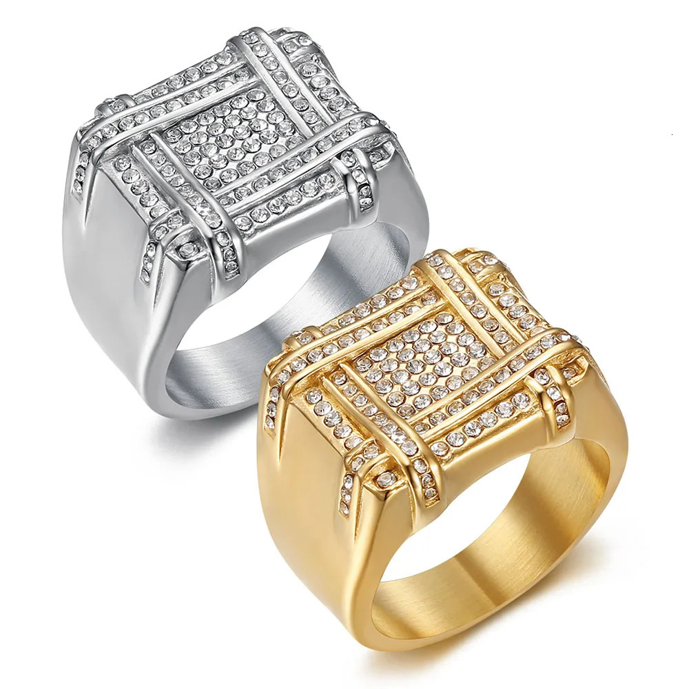 European And American Stainless Steel Gold-plated Full Diamond Square Hip Hop Mens Ring 250716