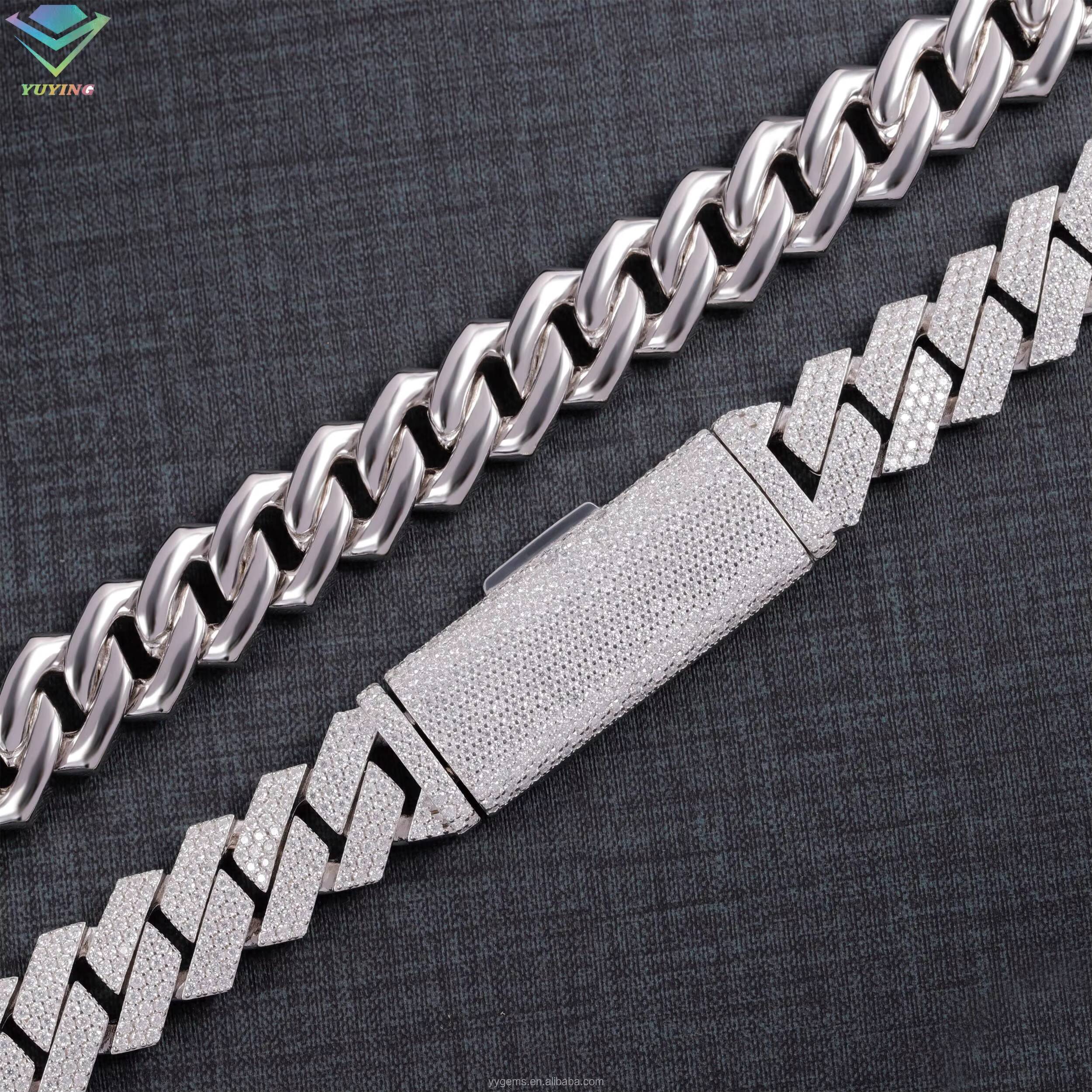 Heavy Silver 15MM 3Rows Cuban Chain Necklace 18k White Gold Plated VVS Moissanite Diamond Cuban Link Chain