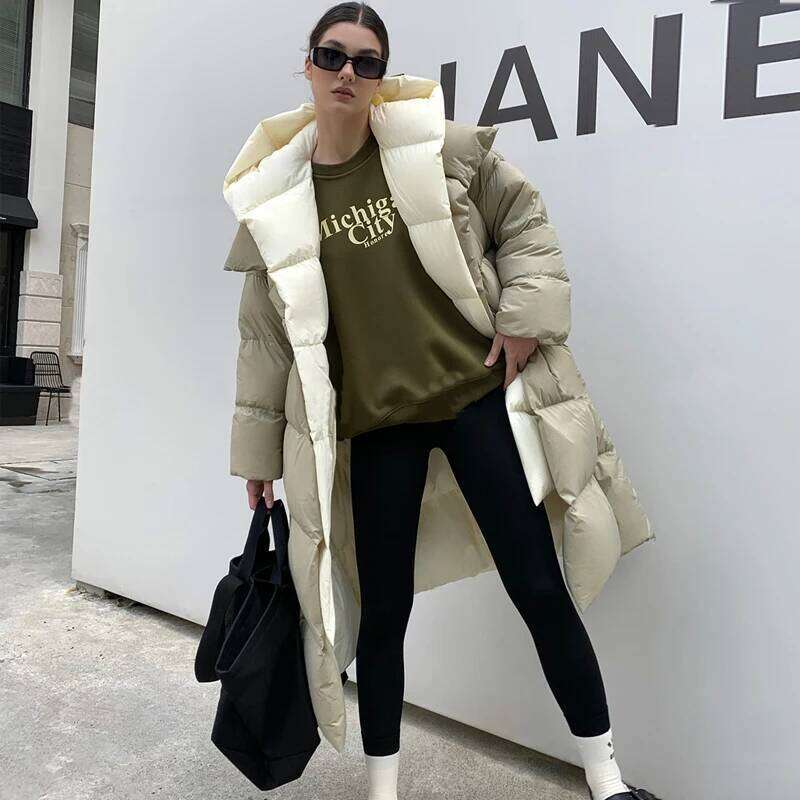 Janveny Fluffy White Duck Down Jacket Women Winter Thickness Warm Long Puffer Coat Hooded Female Fashion Fake Two-Piece Parkas MDNG