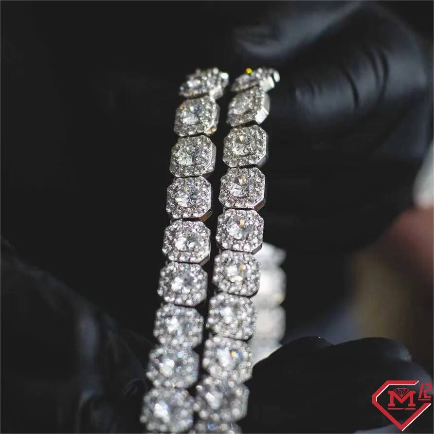 Sparkling Hiphop 12mm Tennis Chain Gold Plated Ice Out Cluster Solid 925 Silver Vvs Moissanite Tennis Chain