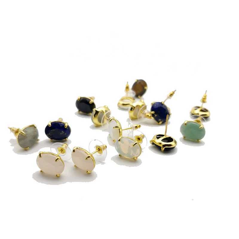 oval-shaped stud earrings silver color natural stone faceted pink quartz crystal tiger eye lapis lazuli healing jewelry for women y250715