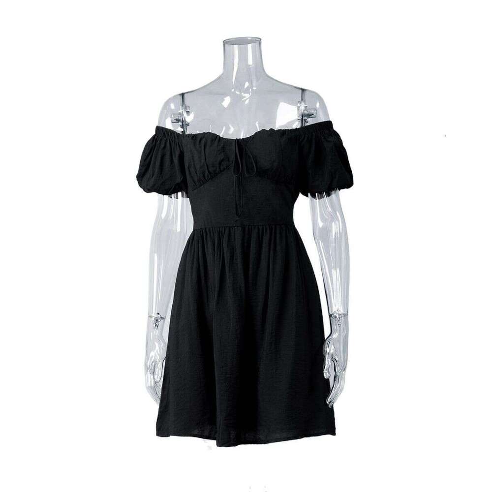 Off-Shoulder Summer New Tie Waist Short Puff Sleeve Dress B5