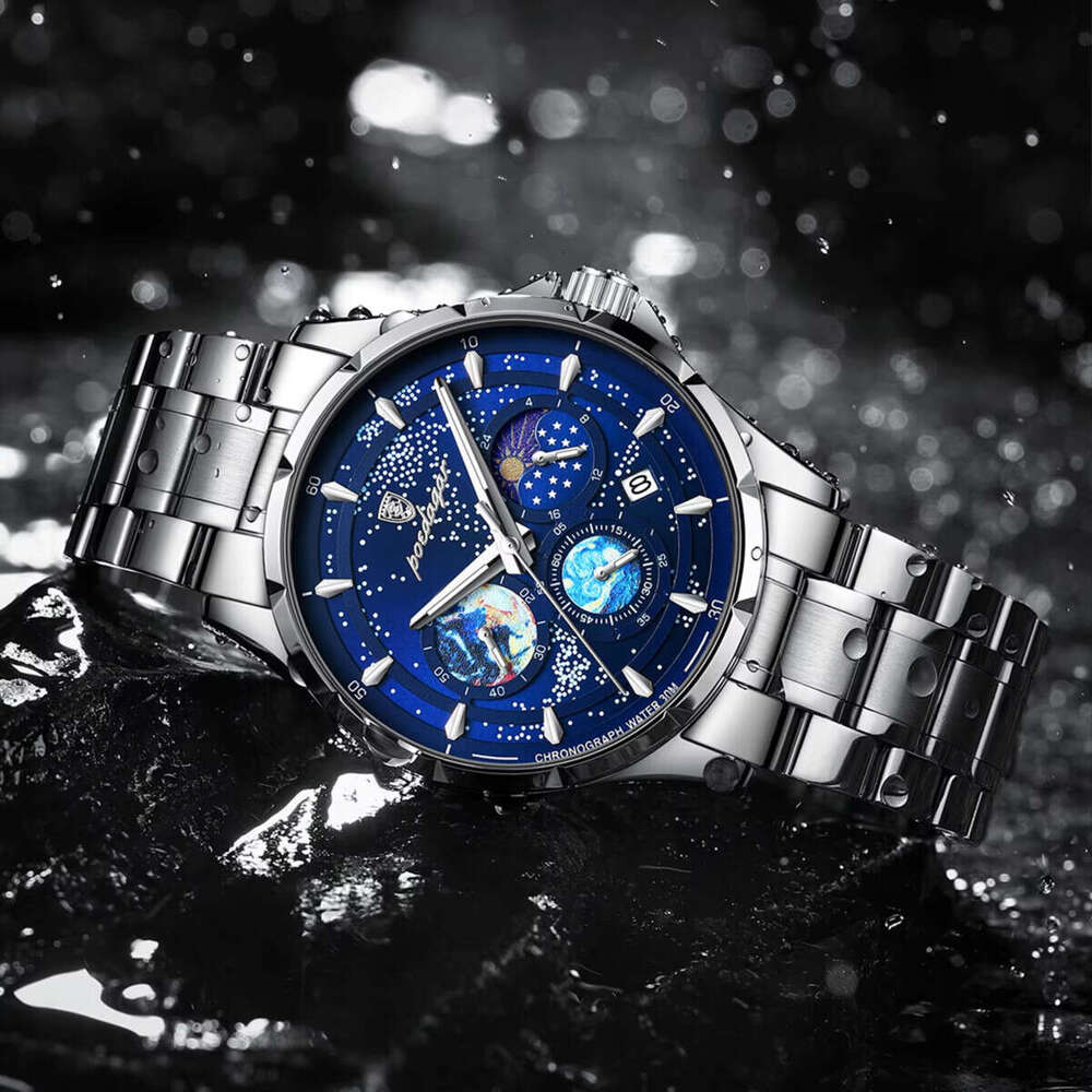 DHwatches Men's Multifunction Sports Watch - 50M Waterproof Stainless Steel Chronograph with Moon Phase & Date (Model 916)