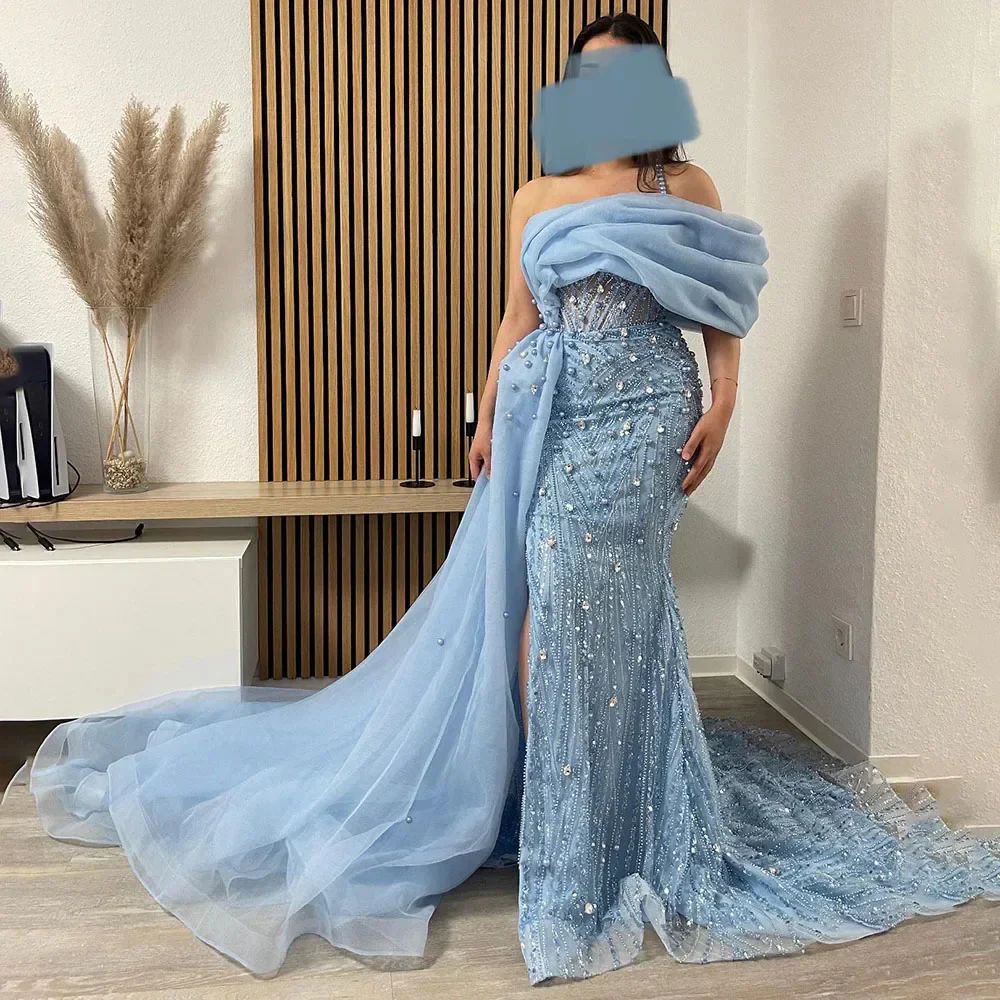 Arabic Aso Ebi Sky Blue Prom Dress Beaded Crystals Evening Gowns Feather Birthday Engagement Second Gown Dress Women Formal Wear Customized