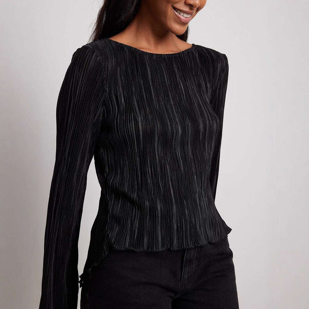Pleated Blouse For Women Summer Elegant Temperament Slim Fit Bell Sleeve Back Tie Short Shirt B5