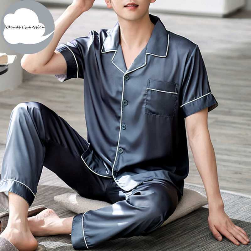 4XL Blue Loungewear Pajamas Imitate Silk Mens Pajama Sets Satin Pajamas Male Sleepwear Pajamas Nightwear Homewear Fashion W250717